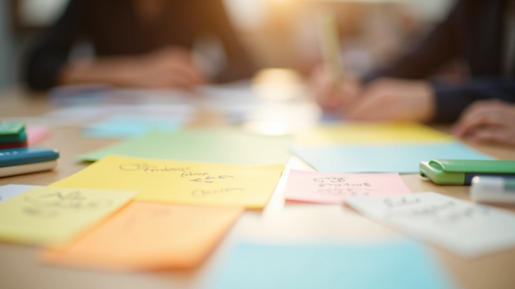 Nahaufnahme von Notizblöcken und Stiften auf einem Workshoptisch, bunte Post-its mit Notizen, warmes Licht