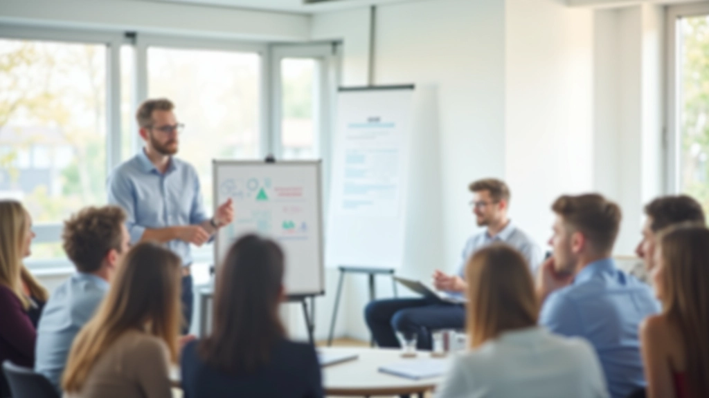 Moderator erklärt etwas an einem Whiteboard, mehrere Zuhörer im Hintergrund sitzen entspannt, modernes helles Klassenzimmer