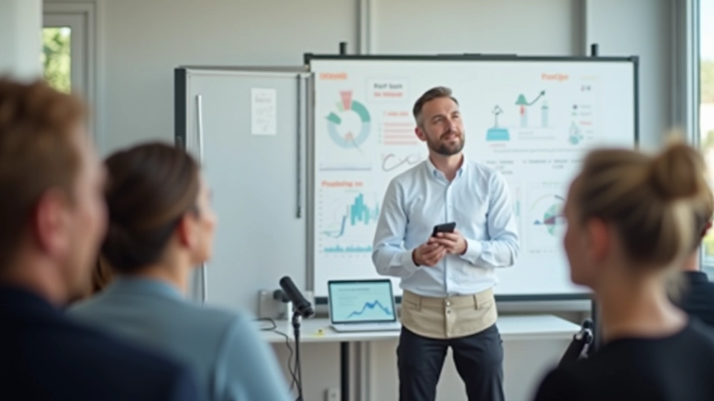 Moderator erklärt Wirtschaftstrends an einer Flipchart während eines Workshops