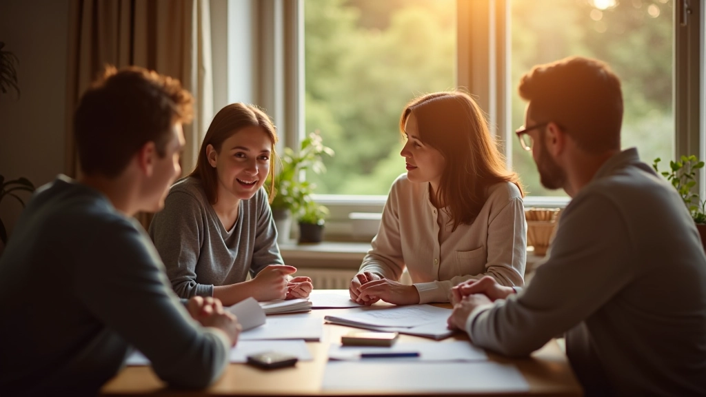 Familie sitzt zusammen am Tisch und bespricht finanzielle Ziele und Pläne