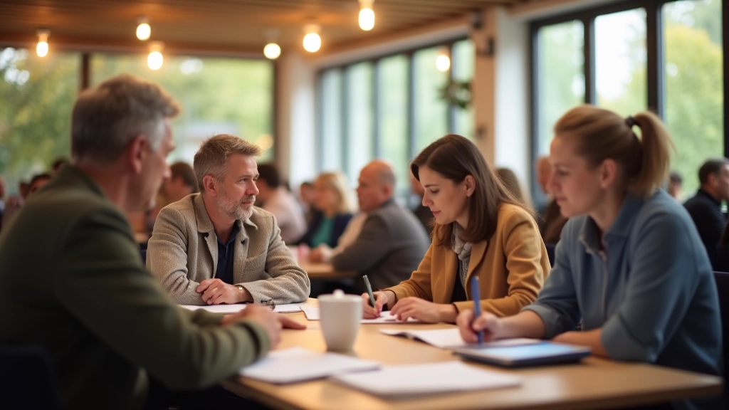 Workshop-Szene mit mehreren Personen, die gemeinsam an Tischen sitzen und diskutieren