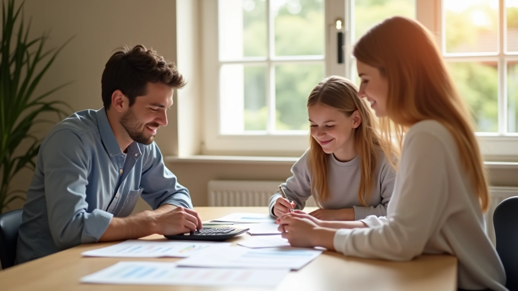 Familie bei Finanzplanung mit Dokumenten und Taschenrechner