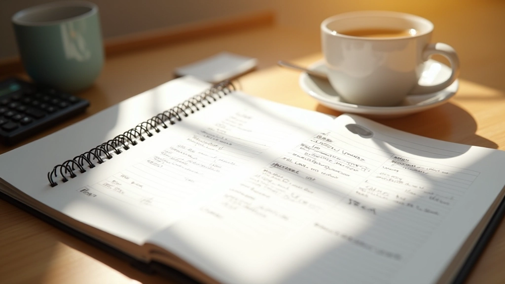 Notizblock mit Finanznotizen neben Kaffeetasse auf hölzernem Schreibtisch