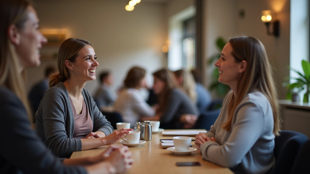 Teilnehmer sitzen entspannt zusammen, lächeln und unterhalten sich während einer Kaffeepause im Workshop